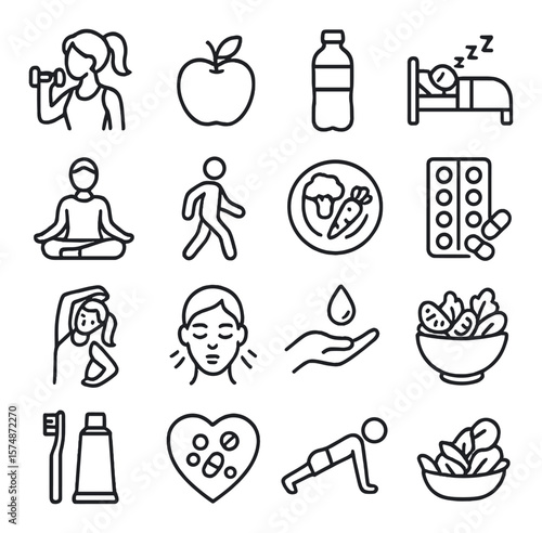 Healthy lifestyle icon collection, wellness and fitness symbols. nutrition and exercise set