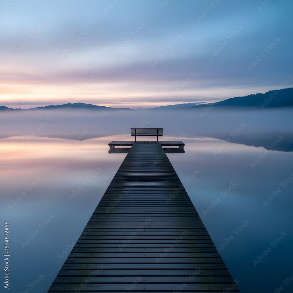 Obraz premium Serene Dock Overlooking a Foggy Lake at Sunrise