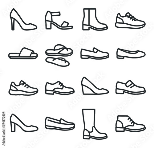 Footwear collection, shoe design symbols. boots and sandals icon set