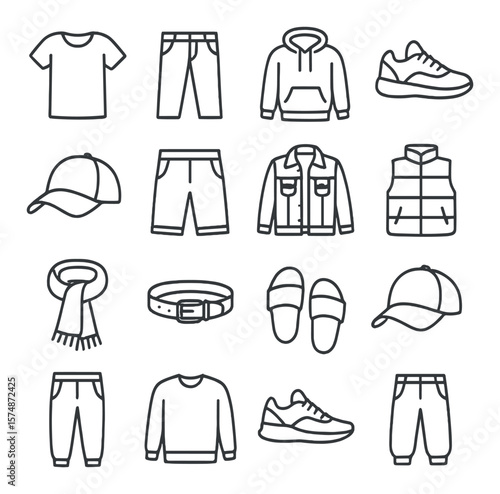 Casual wear icon collection, everyday attire symbols. apparel and clothing accessory set