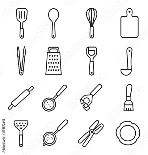 Kitchens essentials collection, cooking tools. culinary utensil and snack icon set