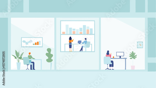 Illustration of people working in separate offices with graphs and plants visible inside the rooms