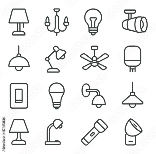 Home lighting collection, lamp and bulb icons. simple decor and fixture symbols set