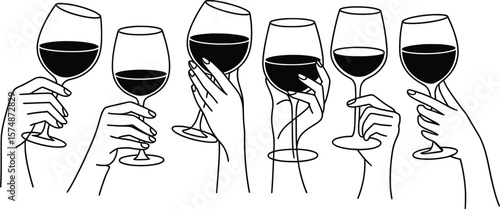 Elegant Hand Holding Wine Glasses, Minimal Line Art Vector Set.

