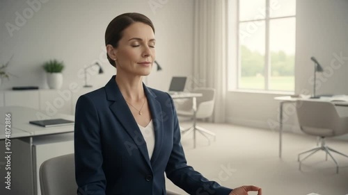 Businesswoman Meditating for Stress Relief in Bright Modern Office Setting