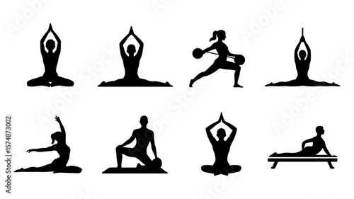 Vector art of diverse group of people performing various yoga poses, symbolizing fitness and wellness