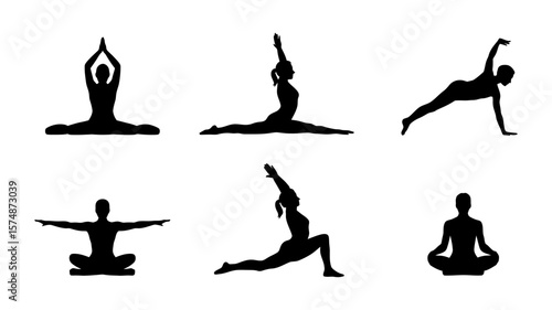 Vector art of silhouettes of people engaged in different yoga positions, conveying peace and activity