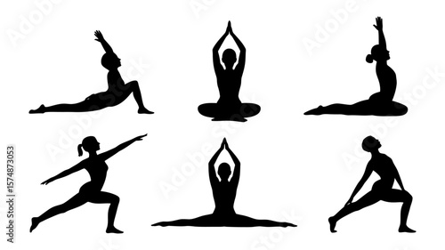 Vector art of group of individuals captured in iconic yoga poses, highlighting physical and mental wellbeing