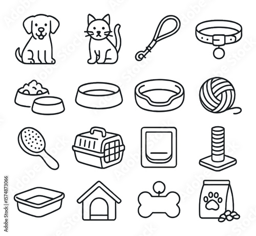 Pet essentials icon collection, animal care symbols. cat and dog accessory set