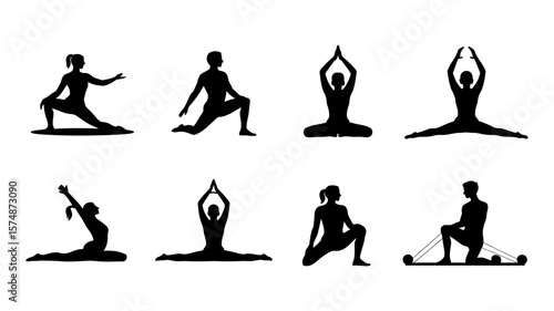 Vector art of array of people in various yoga postures, representing a journey of selfimprovement