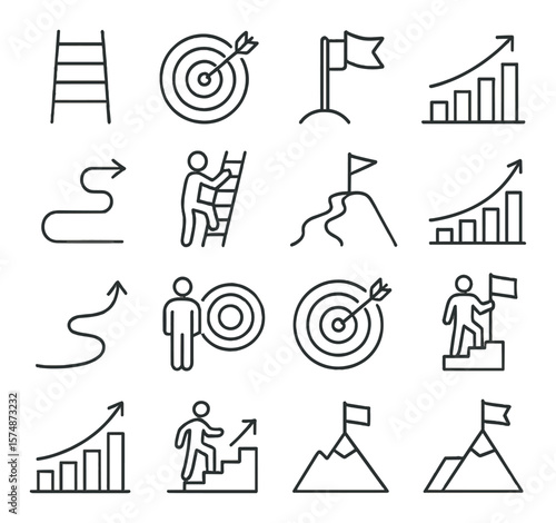 Success and achievement collection, goal symbols. motivation and progress icon set