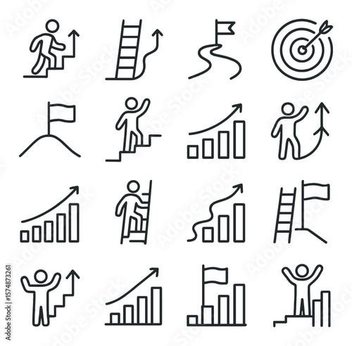 Path to success icon collection, achievement symbols. goal setting and growth icons set