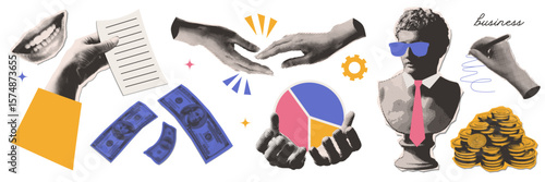 Set of trendy paper cut out elements of halftone collage. Concept of successful business. Various hands stickers, ancient statue with businessman vibe, gold coins. Ready to use elements for design