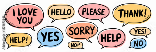 Hand-drawn speech bubbles with polite and emotional phrases in various sizes