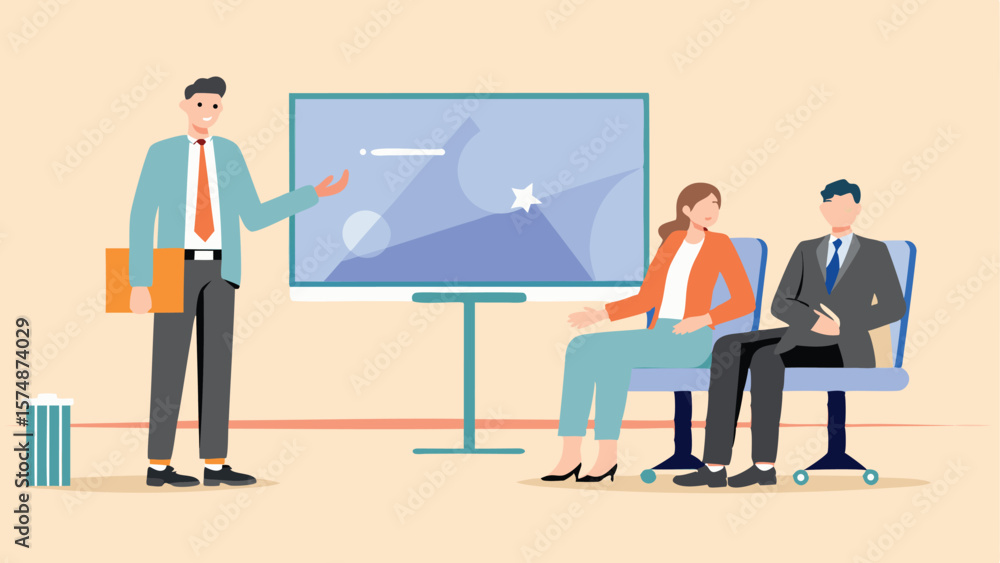 Fototapeta premium Man presenting to colleagues in front of a screen with graphics and a star in a meeting room