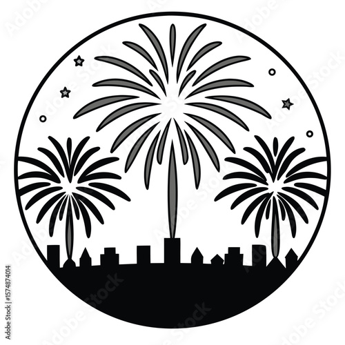 Celebration Fireworks Display Over City Skyline Illustration