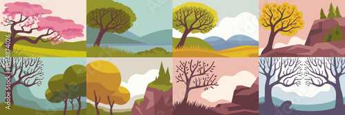 Tree icons showing seasonal changes in various landscapes with soft colors