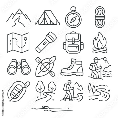 Adventure icons collection: hiking, camping symbols for outdoor exploration design