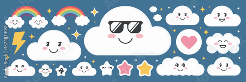 Vector cloud icons with rainbow, heart, and smiley faces in blue sky