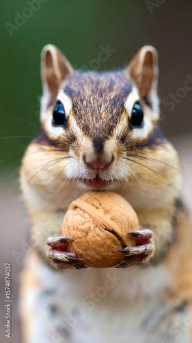 Charming chipmunk clutching a delicious walnut presents a delightful natural scene in the forest