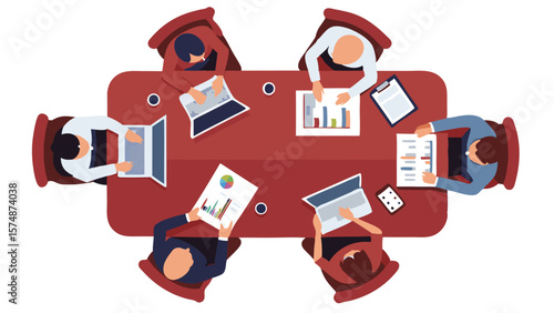 Overhead view of business meeting with people laptops and charts around a rectangular red conference table