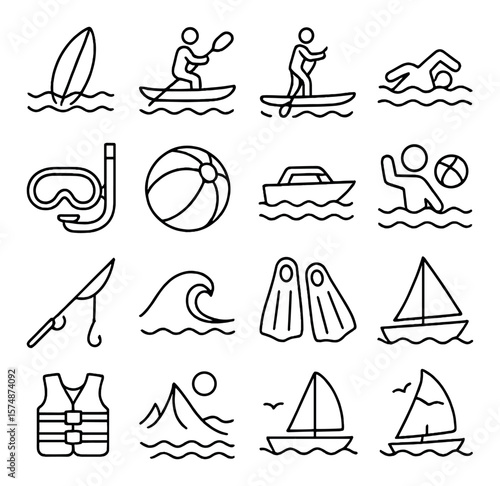 Water sports icon collection, aquatic activity symbols. surfing, swimming, sailing set