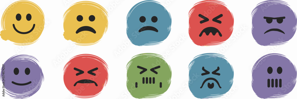 Expressive brush stroke emotion icons with unique colors and shapes Expressive brush stroke emotion icons with unique colors and shapes