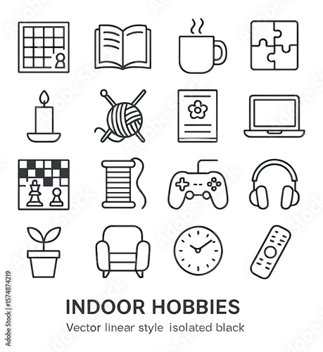 Indoor hobbies collection, simple leisure icons. relaxation and activity symbols set