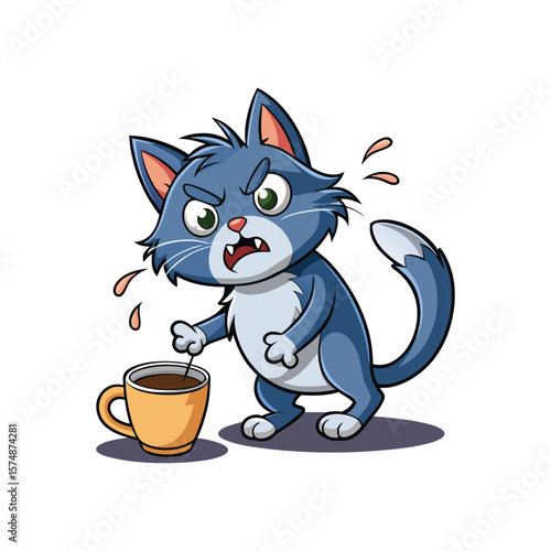 Mischievous Cat Knocking Over Coffee Mug Vector Illustration, Funny Cat Spill Scene, Playful Kitten with Coffee Cup on White Background, Cute Pet Mischief Design