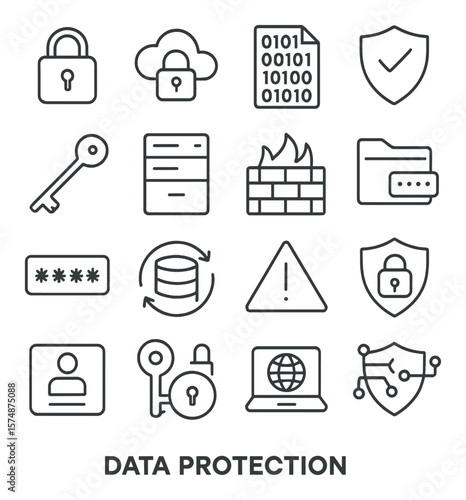 Data security collection, protection symbols. cyber safety and privacy icon set