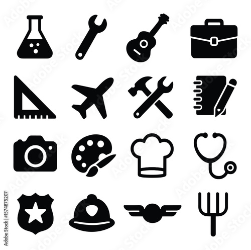 Professions icon collection, career design symbols. job and occupation planning set