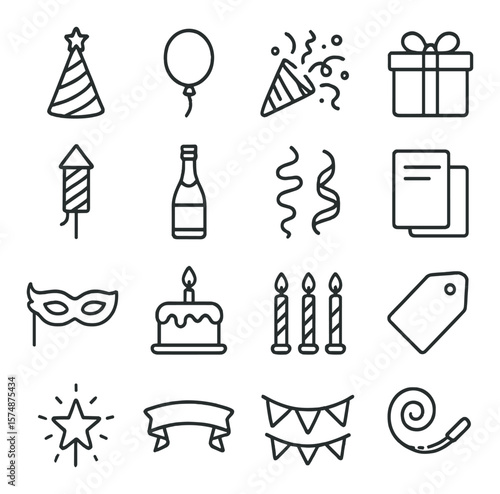 Celebration icon collection, party and festivities symbols. birthday and holiday elements set