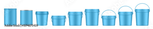 Light blue buckets and tin jars. Mockup of plastic buckets with handle and lid. Small, medium and large sizes. Tin can