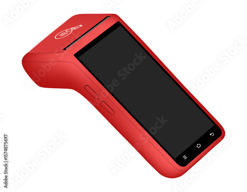 POS Terminal with black screen. Mockup of a red wireless terminal. NFC payment machine. Mobile payment. Credit cards are accepted here. Payments device. Banking equipment