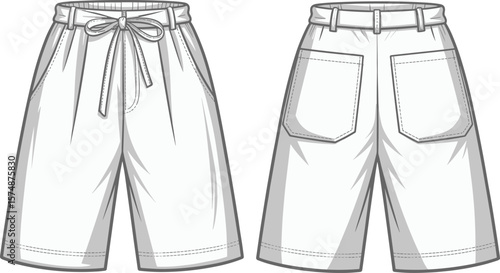 Bermuda shorts technical illustration, featuring front tie, back patch pockets, casual summer fashion design, stylish comfortable apparel, clothing template