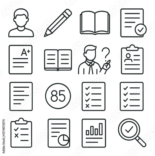 Education icon collection, learning and academic symbols. school and study essentials set