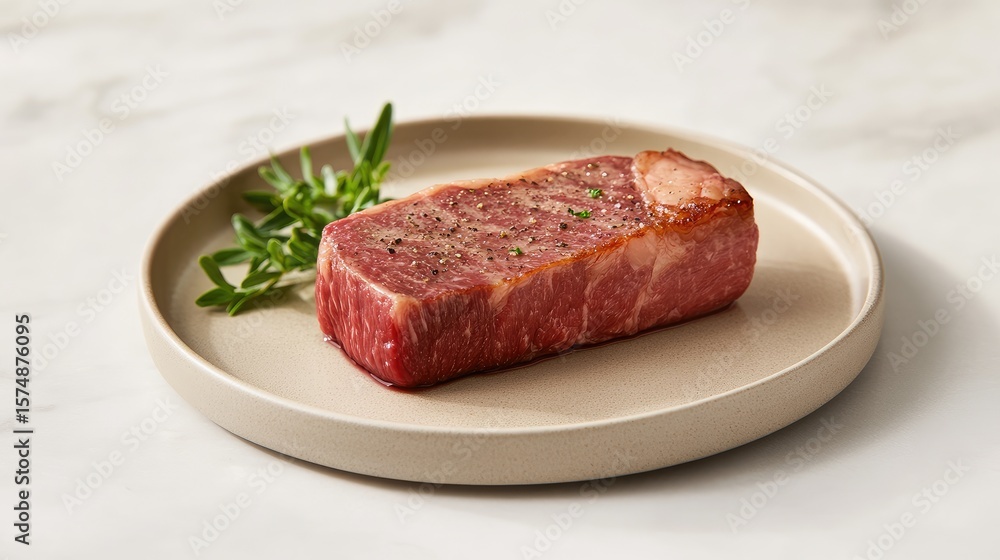 A cooked steak on a plate, garnished with herbs A cooked steak on a plate, garnished with herbs