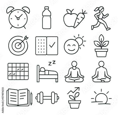 Healthy habits collection, wellness and lifestyle icons set for self-care and fitness