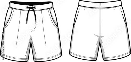 Casual drawstring fashion shorts illustration, front and back view, modern summer apparel design, stylish comfortable clothing vector, technical sketch
