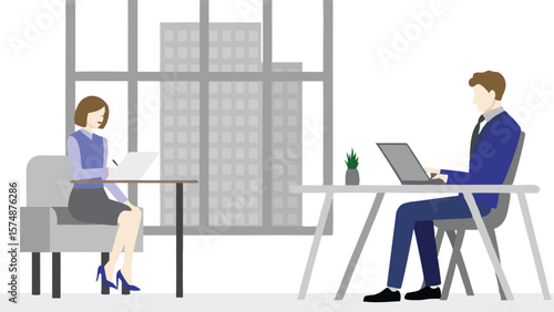 Illustration of two professionals working at their desks in a modern office space setting