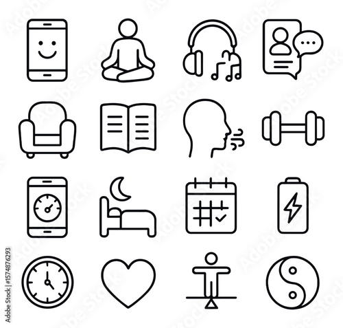 Well-being app icon collection, wellness symbols. health and mindfulness graphics set