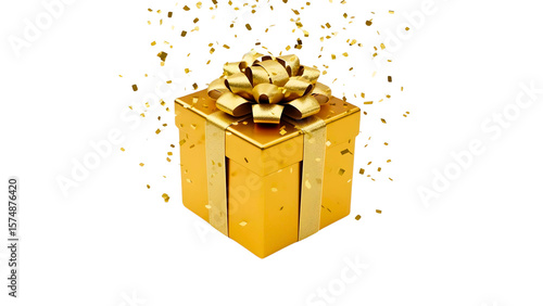 Golden gift box with ribbon and confetti
