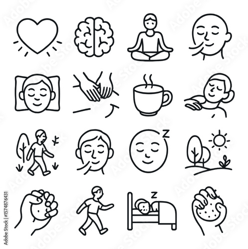 Stress relief icon collection, relaxing and calming symbols. wellness and peace set