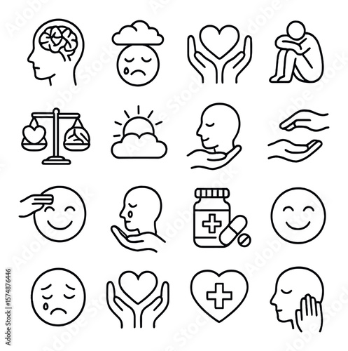 Mental health icon collection, wellness and therapy symbols. self-care and mindfulness set
