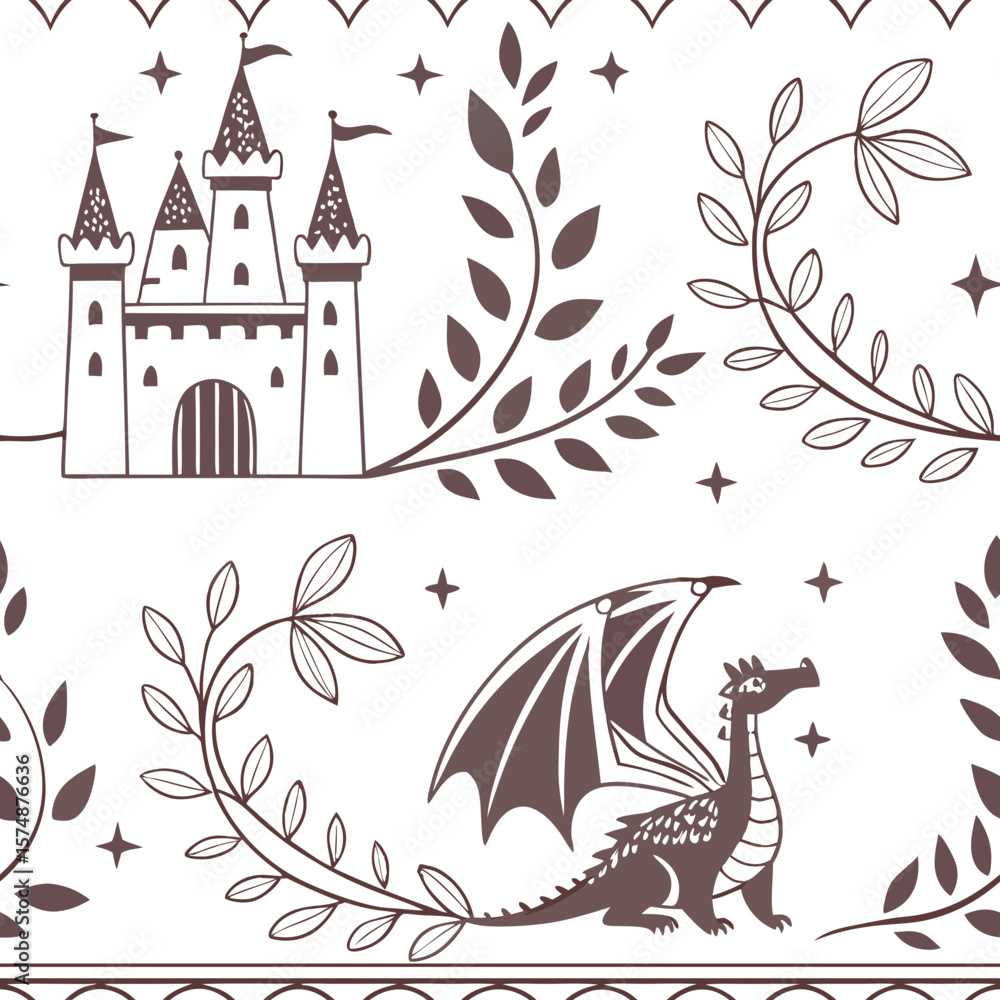 Obraz premium Fantasy seamless pattern with castles, dragons, and decorative foliage in a whimsical, storybook style. Great for kids’ room decor, fabric, and fairytale projects.