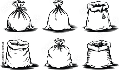 "Drawstring and Open Sack Icon Set, Hand-Drawn Bag Vector Collection.

