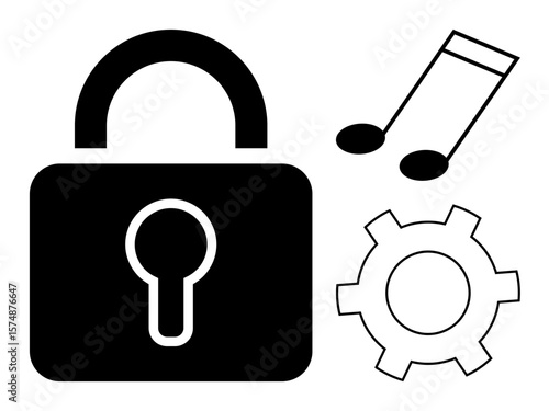 Padlock, music note, and gear symbolizing data security, digital media control, and settings. Ideal for cybersecurity, media management, control, system operation technology data protection simple