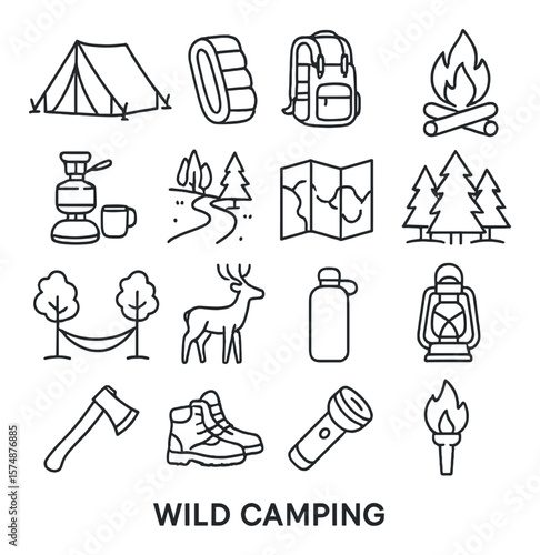 Wild camping collection, outdoor adventure icons. hiking and nature exploration set