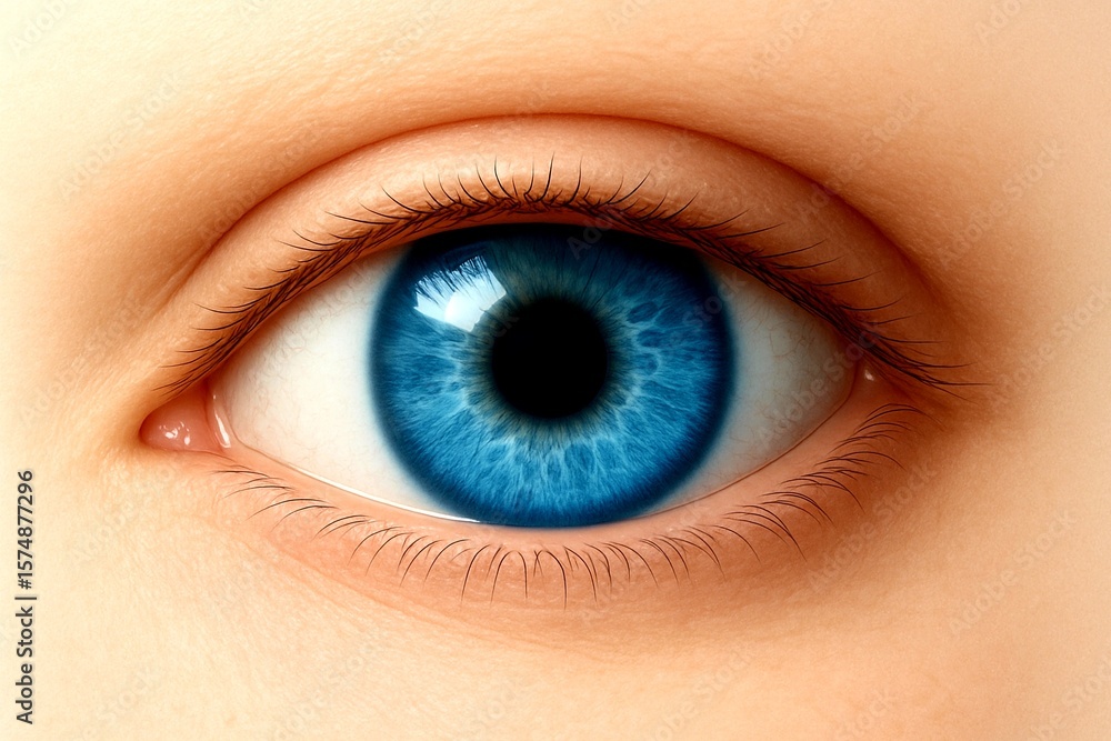 Obraz premium Extreme close-up of a realistic human blue eye with intricate iris texture, eyelashes, and skin detail, macro photography of eye anatomy for medical, science, vision, and biometric concepts