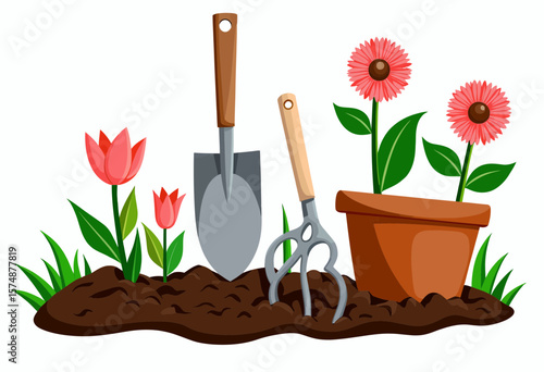 Gardening tools with flowers and pot on soil background  